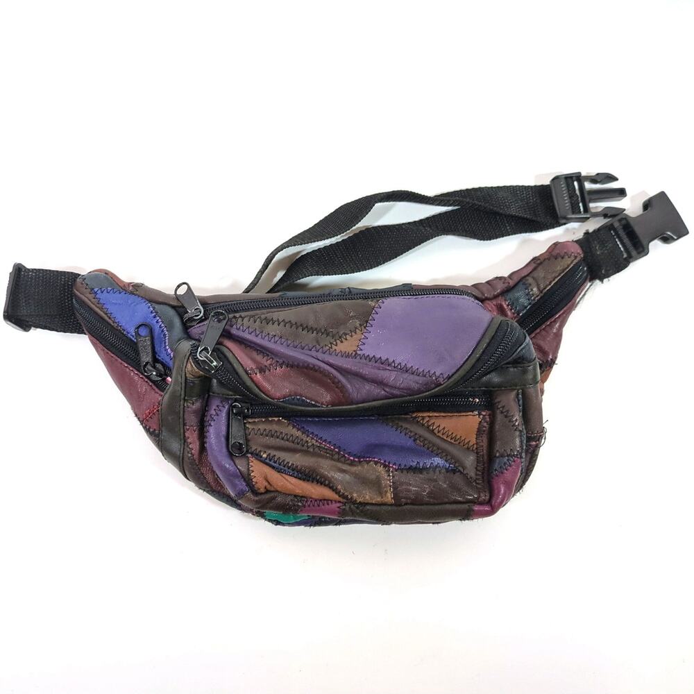 VTG Leather Patchwork Fanny Pack Brown Purple Blue Tan Belt Bag 9 x 5.5 x 3" 80s - Picture 8 of 10